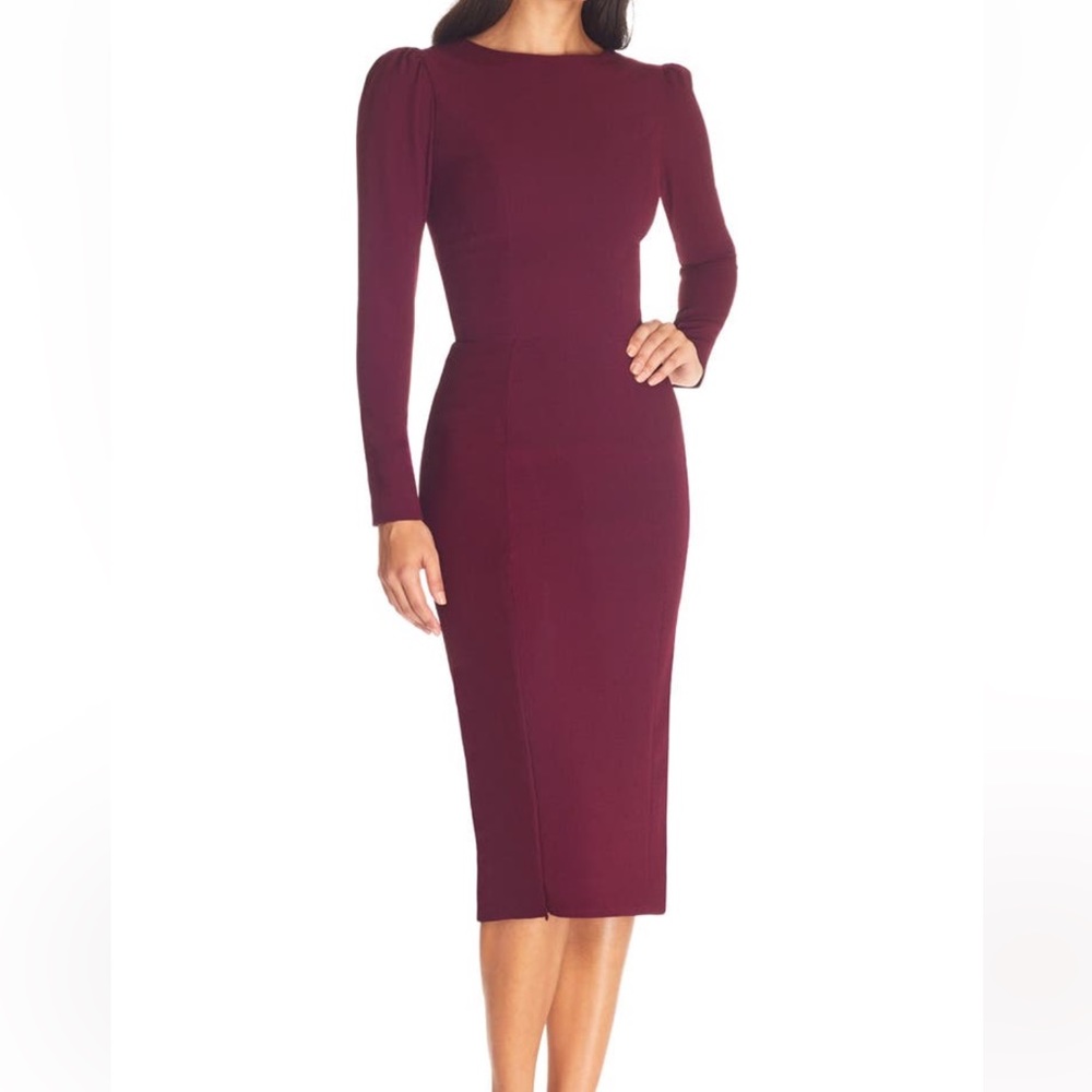 Dress The Population Nadia Long Puffed Shoulder Sleeve High Neck Sheath Dress